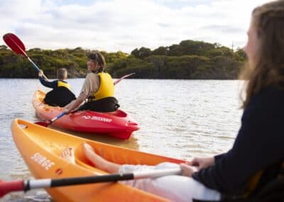 Family kayaking on Harriet River with Kangaroo Island Outdoor Action during a guided kayak tour.