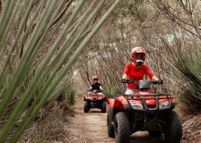 Guests riding quad bikes through narrow yacca-lined bush tracks on Kangaroo Island